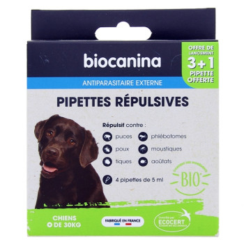 Pipettes Répulsives Bio Chiens +30kg  x3 pipettes + 1 offerte Biocanina