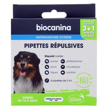 Pipettes Répulsives Bio Chiens 15 à 30kg  x3 pipettes + 1 offerte Biocanina