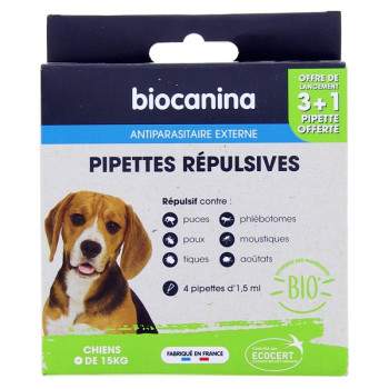 Pipettes Répulsives Bio Chiens -15kg  x3 pipettes + 1 offerte Biocanina