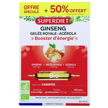 Ginseng Gelée Royale Acérola Bio x30 ampoules Superdiet