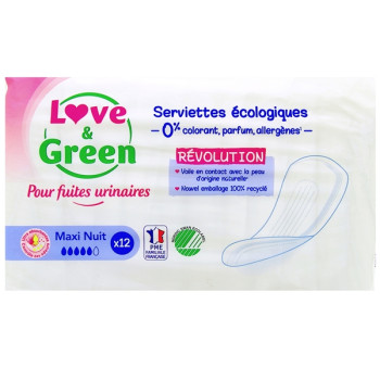 Serviettes Fuites Urinaires Maxi Nuit x12 Love & Green