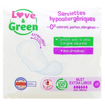Serviettes Hypoallergéniques Nuit Extra Large x9 Love & Green