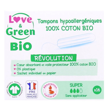 Tampons Coton Bio Sans Applicateur Super x16 Love & Green