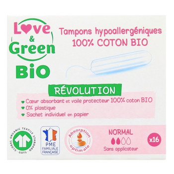 Tampons Coton Bio Sans Applicateur Normal x16 Love & Green