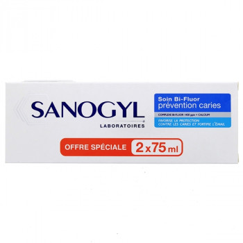 Dentifrice Soin Bi-Fluor Prévention Caries 2x75ml Sanogyl