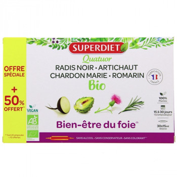 Quatuor Bio Bien-Être du Foie x20 ampoules +10 offertes Superdiet